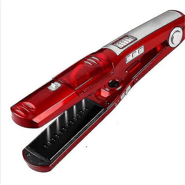 plancha de pelo HUOGUO multifuncional con vapor para cabello seco/húmedo, vista frontal en 3/4 de la plancha roja; placas de cerámica de turmalina con dientes guía, depósito de agua extraíble transparente, controles para 3 niveles de vapor y botón de bloqueo, cable giratorio 360° y superficie de goma mate; compatible con doble voltaje 110–240 V, adecuada para cabello corto o largo.