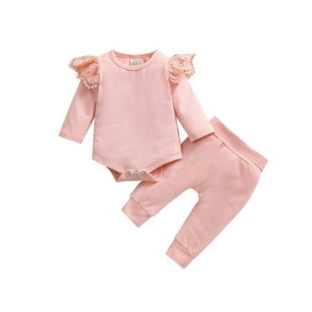 

Infant Toddler Baby Girls Boys Fall Outfits Long Sleeve Lace Ruffle Romper Elastic Waist Pants 2PCs