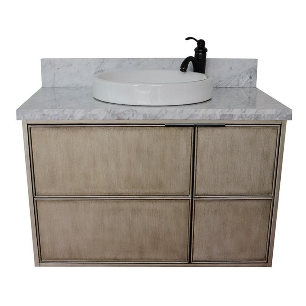 Bellaterra Home 37" Single wall mount vanity in Linen Brown finish top with White Carrara and round sink