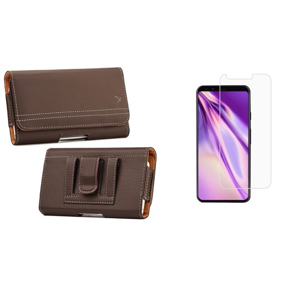 Luxmo PU Leather Belt Holster Card Slot Carry Case (Brown) for Google Pixel 4 with Tempered Glass Screen Protector and Atom Cloth