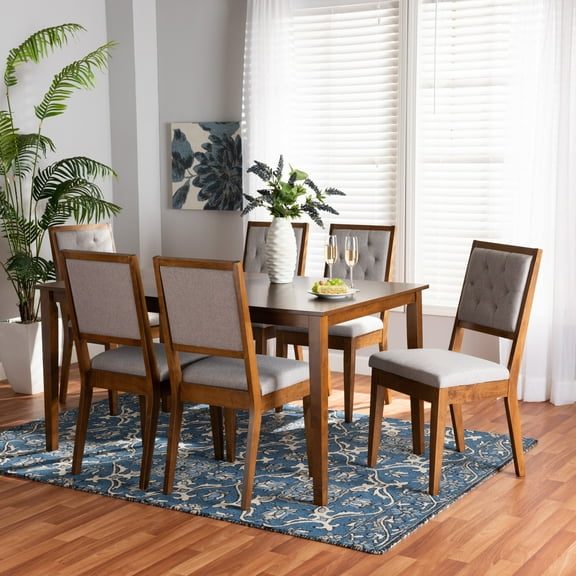 Baxton Studio Suvi Modern and Contemporary Grey Fabric Upholstered and Walnut Brown Finished Wood 7-Piece Dining Set