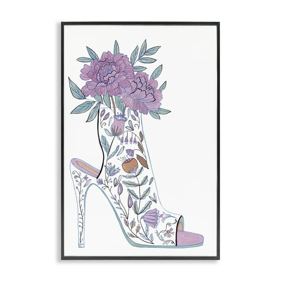 Stupell Industries Shoe with Bouquet Botanical & Floral Painting Black Framed Art Print Wall Art, 12 x 18