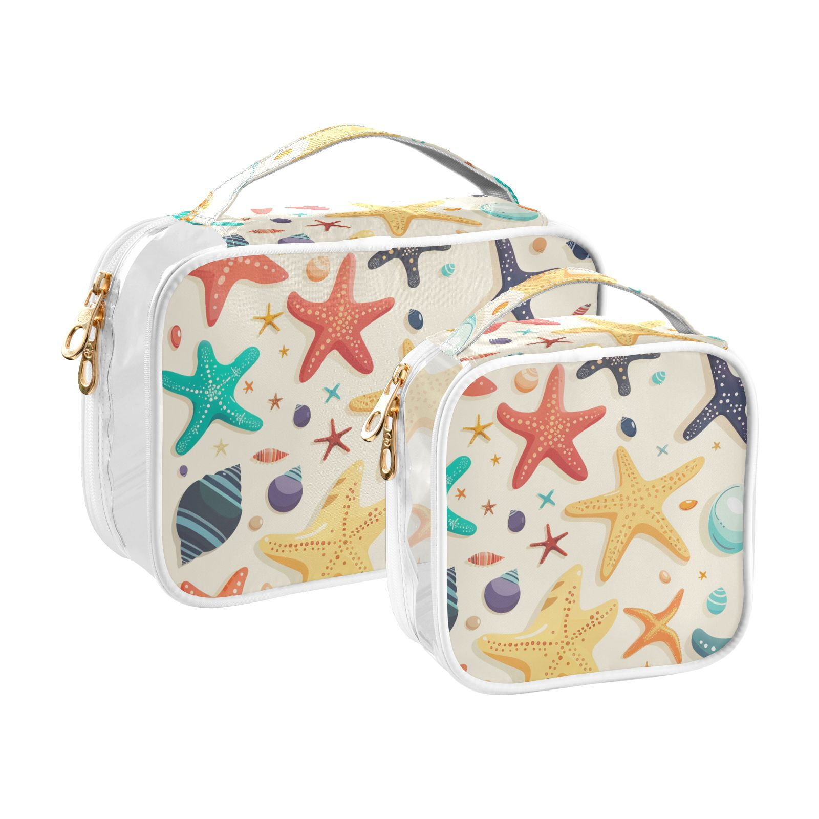Clear Makeup Bags with Handle Large Opening 2 Pack Set Toiletry Bag Quart Size Bag, for Women Man Traveling Travel Essentials, Toiletries and Other. Colorful Starfish Shells