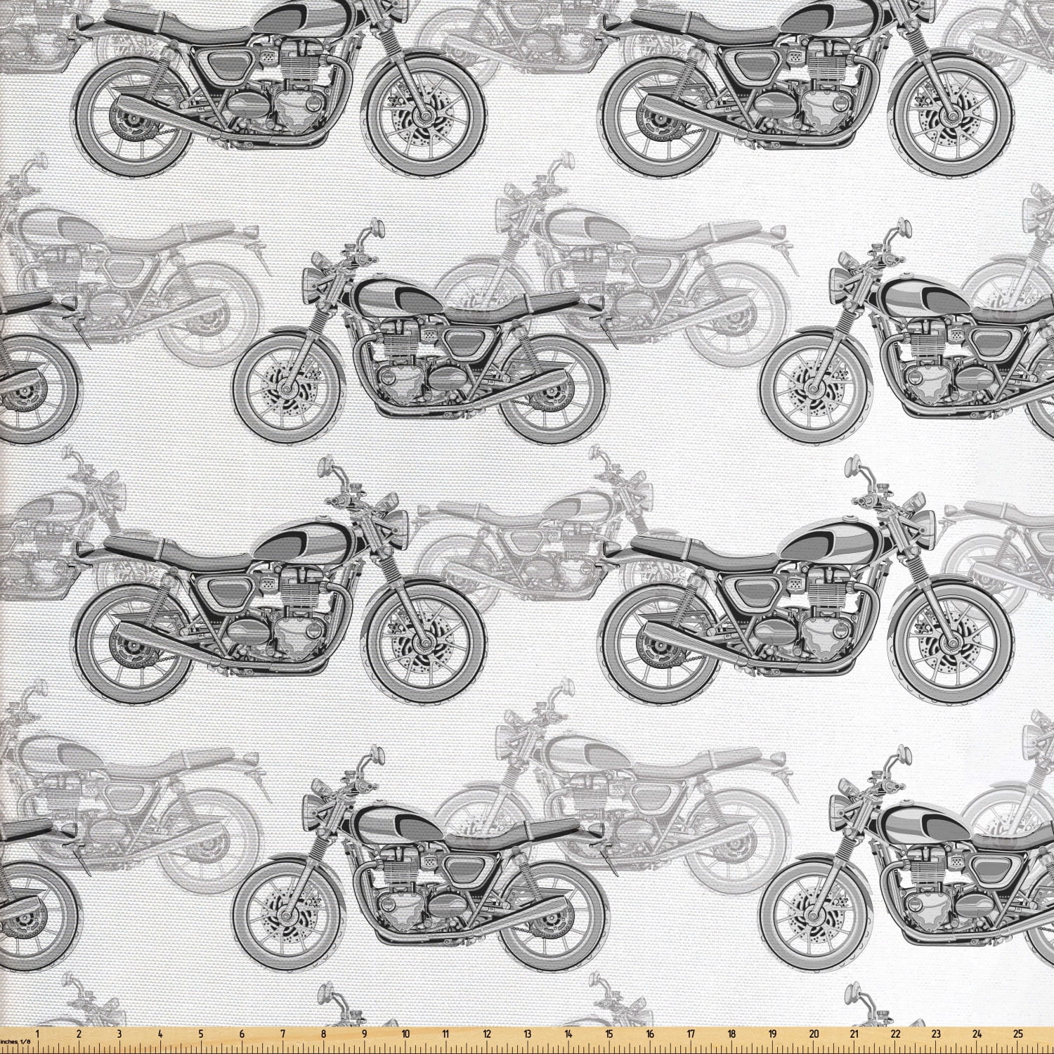 Motorcycle Fabric by The Yard, Realistic Grayscale Illustration of