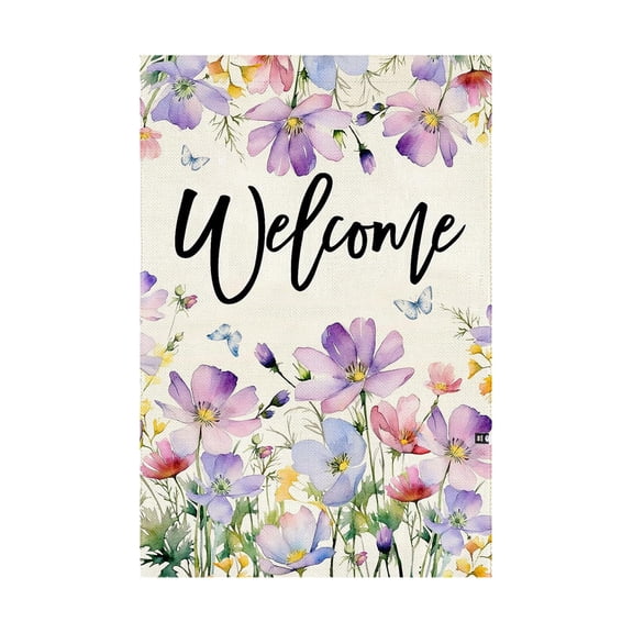 Spring Summer Pansy Welcome House Flag, Burlap Butterflies Floral Flower Farmhouse Porch Flag, Holiday Seasonal Outdoor Outside Decoration (18x12in)