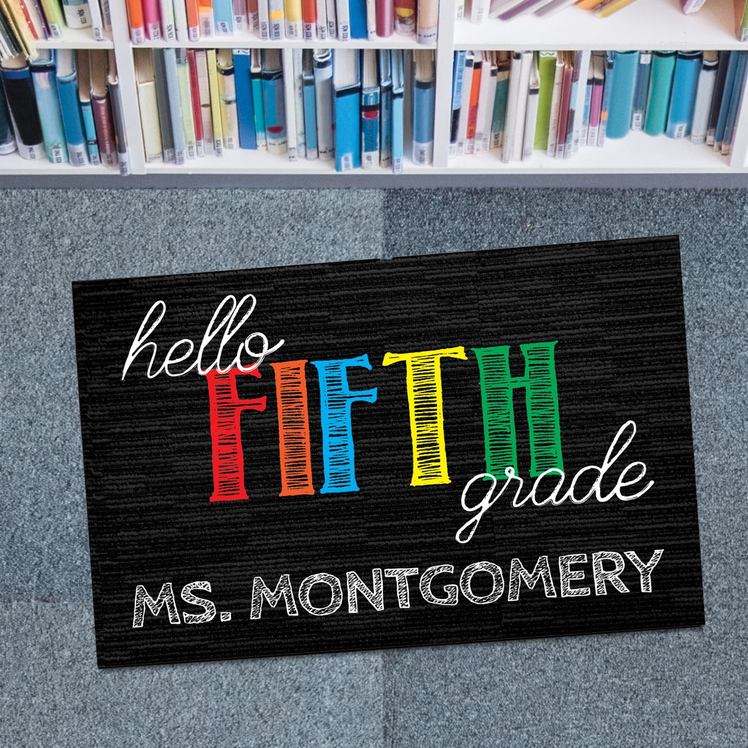 Personalized Planet 27x18 Hello Fifth Grade Doormat with Custom Teacher Name Printed on Black Rectangular 1/8” Thick Non Slip Mat for School Classroom or Home