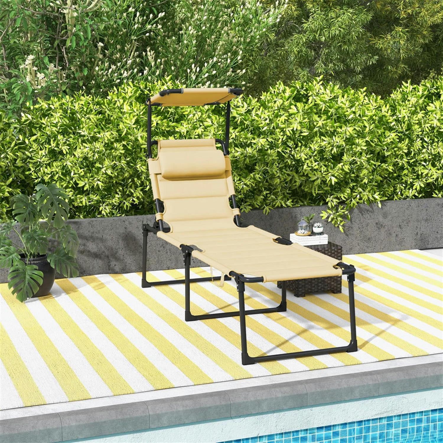 Demi Bonn Outdoor Folding Lounger with 4-Position Reclining, Pillow & Sun Canopy for Relaxing Patio, Deck, Comfortable Sun Protection Seating, Yellow