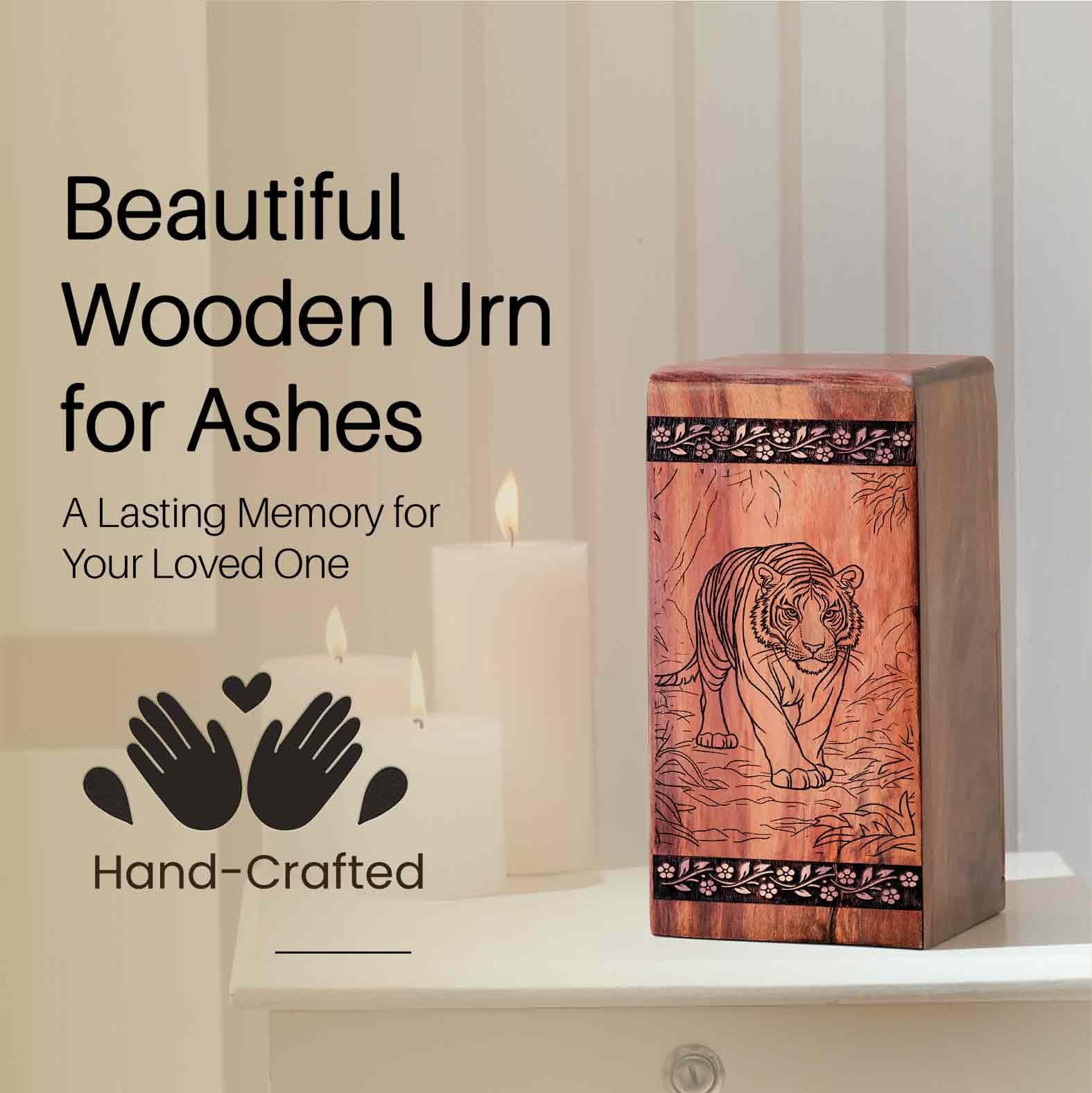 Tiger Urn - Wooden Cremation Urn for Human Ashes Man/Woman - Tigers Wood Urns Pet Ash - Decorative Box Funeral Urns for Adult Male Female - Memorial Keepsake Urns - 10inch, Large Size - Single 1Pcs