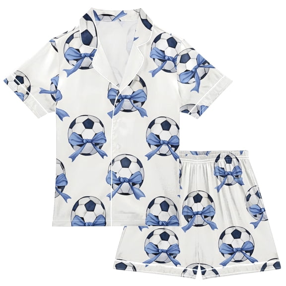 Soccer with Bows Print Boy Girls Satin Pajamas Set Button-Up Short Sleeve Pj Sleepwear for 7-8 Years