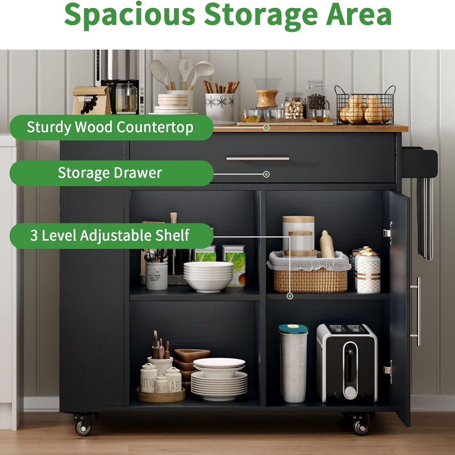 DreamCurship 39" Kitchen Island Cart with Storage, Kitchen Cart Island on Wheels, Rolling Kitchen Island with Spice Rack & Towel Rack, Island Table for Kitchen, Black