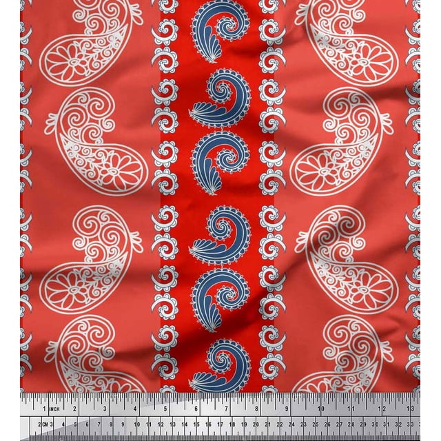 Soimoi Red Poly Georgette Fabric Stripe & Paisley Print Sewing Fabric Yard 42 Inch Wide