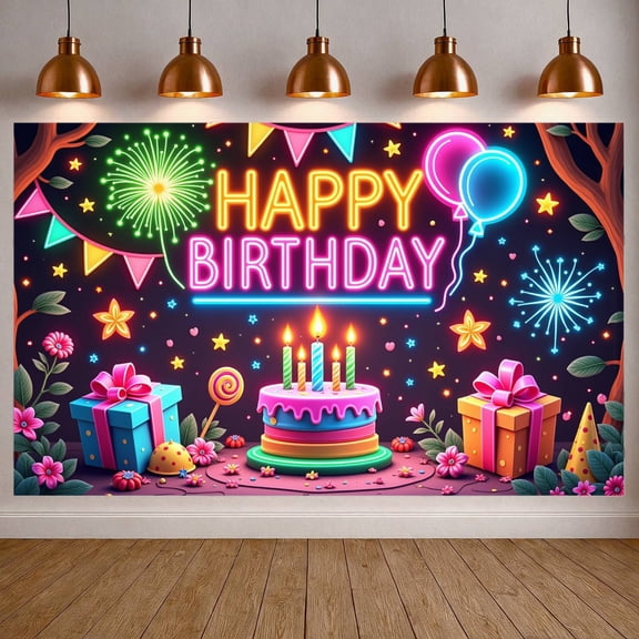 Neon Style Banner Colorful Design Party Backdrop Birthday Cake Balloon Decor Celebration Background for Birthday Party Kids Celebration Indoor Decor