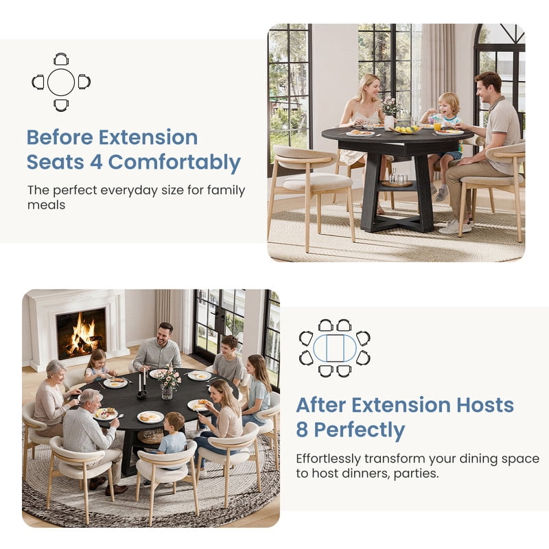 Gianna Extendable Round Dining Table for 4-6, Oval Dinner Table with Storage Shelf, Wood Pedestal Table, Black