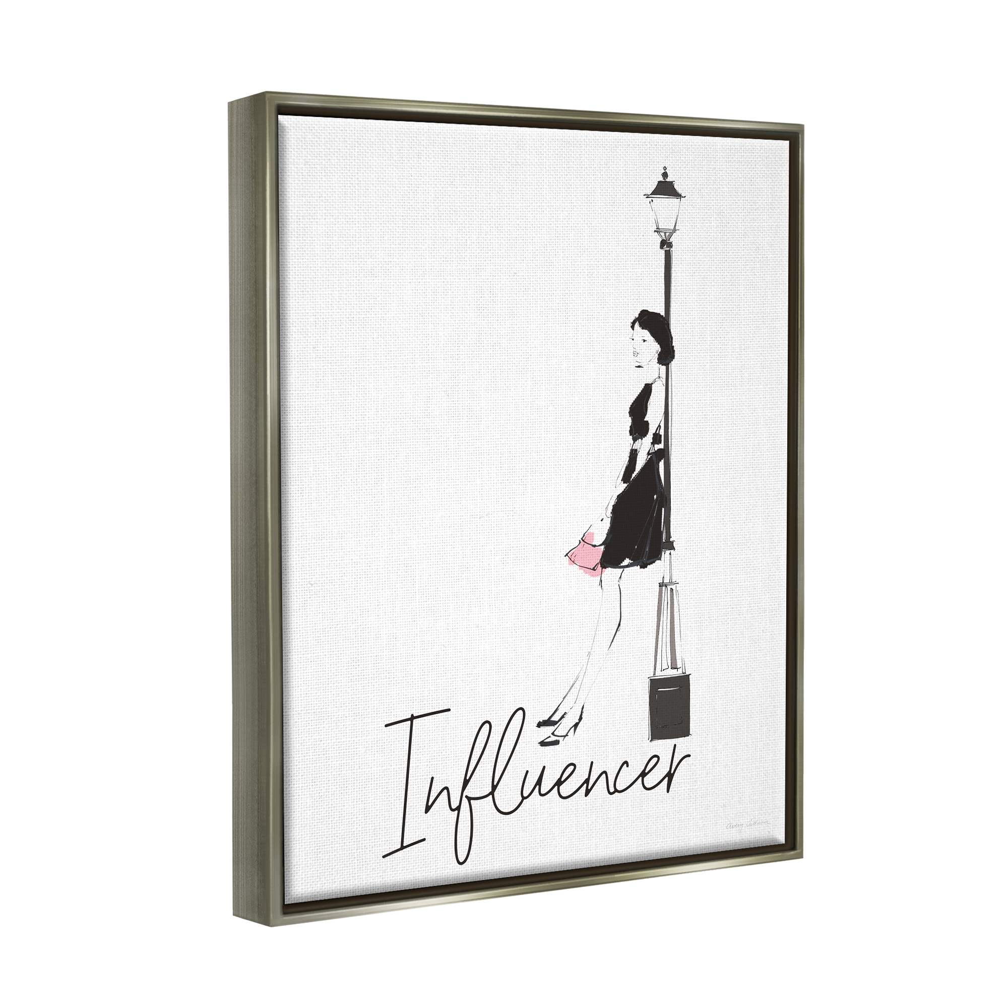 Stupell Industries Chic Influencer Calligraphy Woman Leaning Lamp Post Graphic Art Luster Gray Floating Framed Canvas Print Wall Art, Design by Avery Tillmon