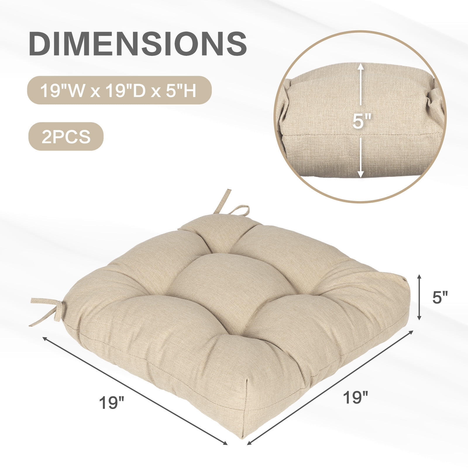 Aoodor 19x19x5 Inch Tufted Outdoor Chair Cushions, Water and Fade Resistant Polyester Dining Chair Pads with Ties for Patio Furniture, Set of 2, Khaki