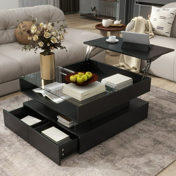 Modern Lift-Top Coffee Table with Storage Drawers,Square Center Table with Glass Top and High-Gloss Finish and LED Lights for Living Room,Black