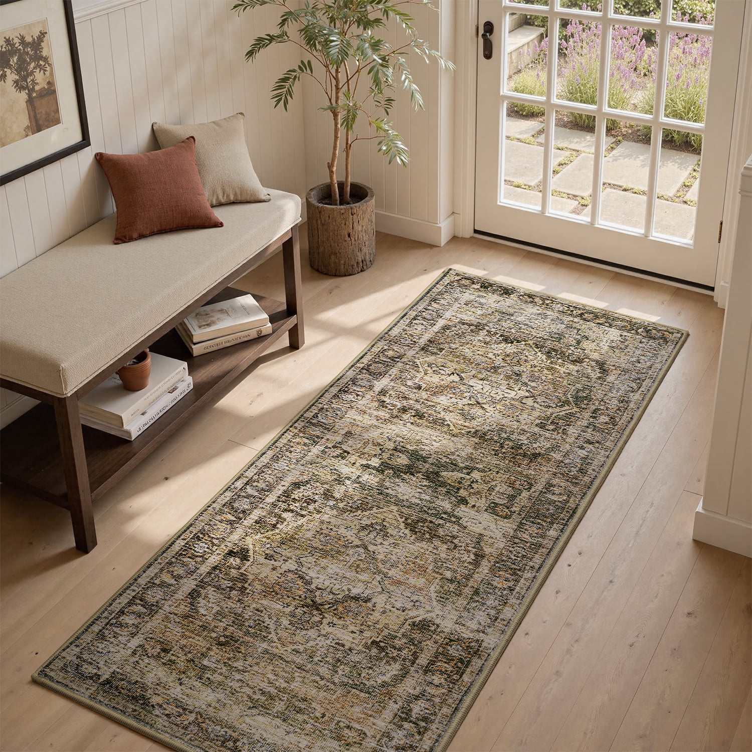 SIXHOME 3-Piece Kitchen Rugs and Runner Set Washable Vintage Kitchen Mat Non-Slip Low-Profile Rugs for Kitchen Sink Laundry Bedside 20"x32"+20"x48"+20"x59" Brown