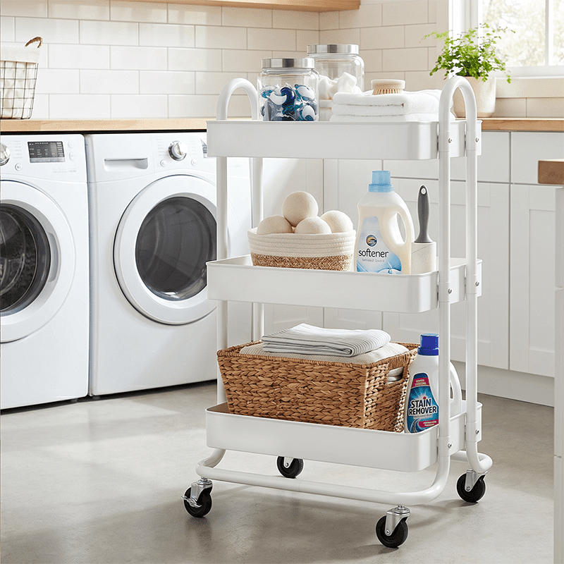 Fenbeli 3-Tier Metal Rolling Utility Cart with Wheels, White, 18"L x 13.4"W x 31"H