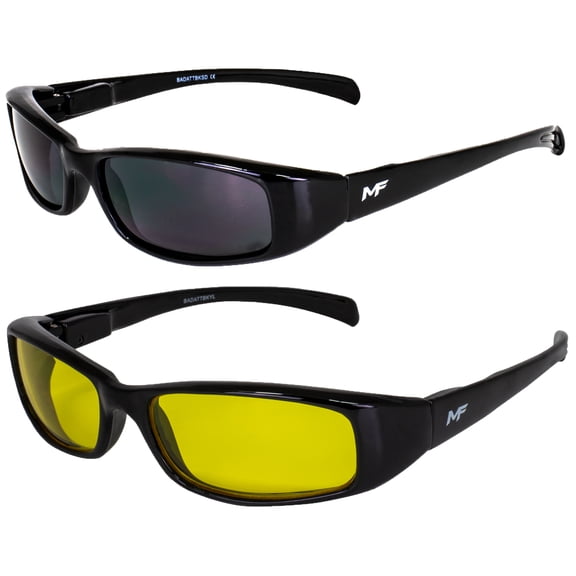 2 Pairs of MF Eyewear Bad Attitude Cool Wraparound Motorcycle Sunglasses Black Frames with Smoke & Yellow Lenses