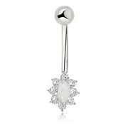 AVORA 10K White Gold Oval-shaped Simulated Opal and Simulated Diamond CZ Belly Button Ring Body Jewelry (14 Gauge)