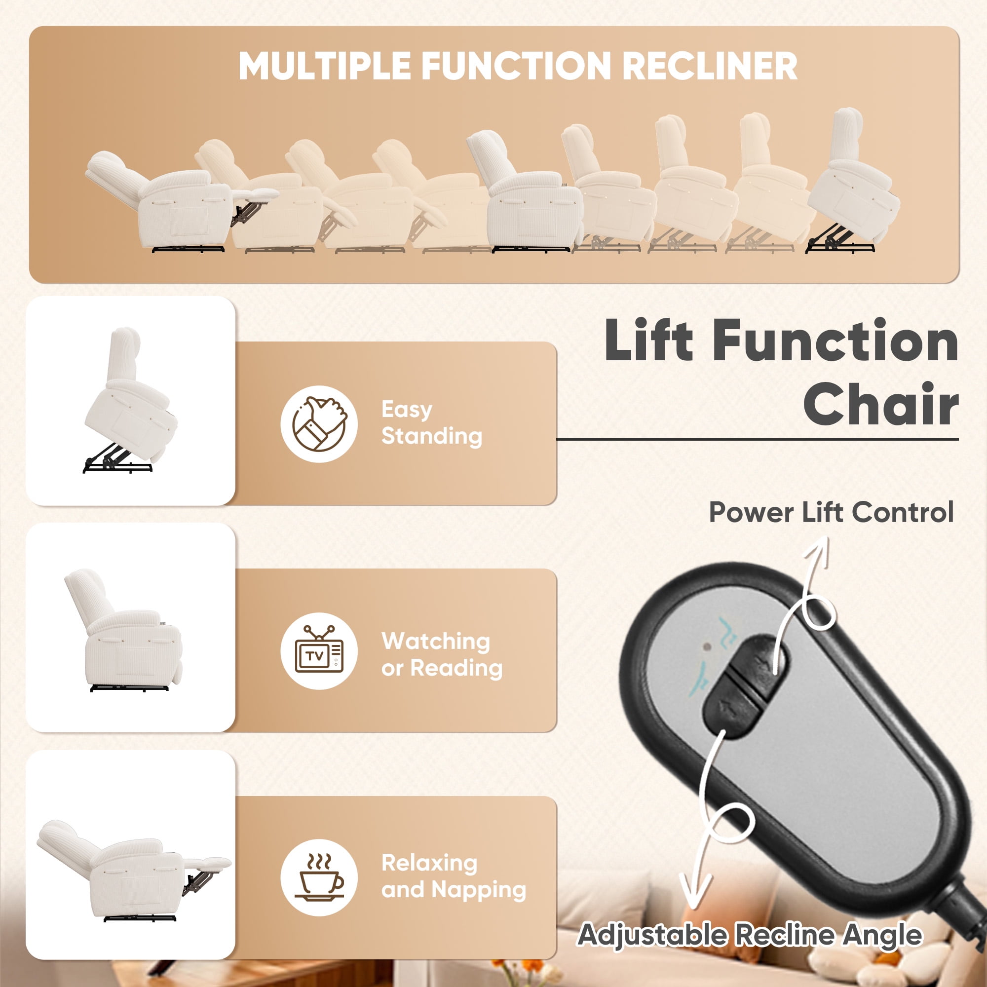 Homall Power Lift Recliner with Eight Vibrating Massages Ergonomic Single Sofa with Side Pocket and Soft Corduroy for Elderly,Corduroy Beige
