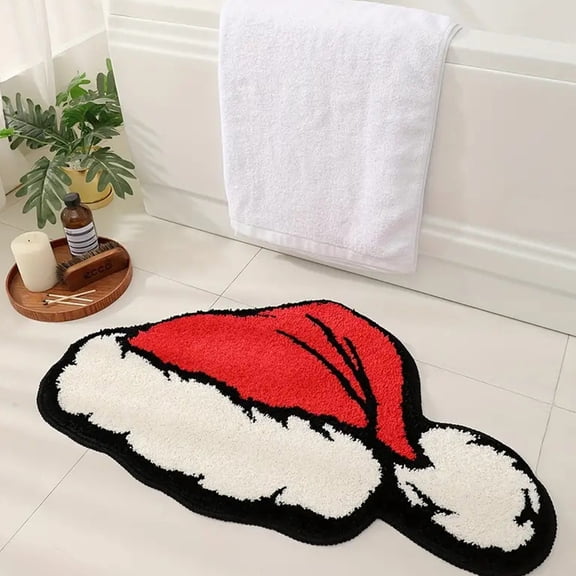 KOYPTL Christmas Wool Spinning Decoration Doormat-32"x20",Santa Claus Cap Shaped Shower Welcome Mat,Nonslip Absorbent Washable Bathroom Rug for Front Door Bedroom Floor Tub Kitchen Fireplace Hearth