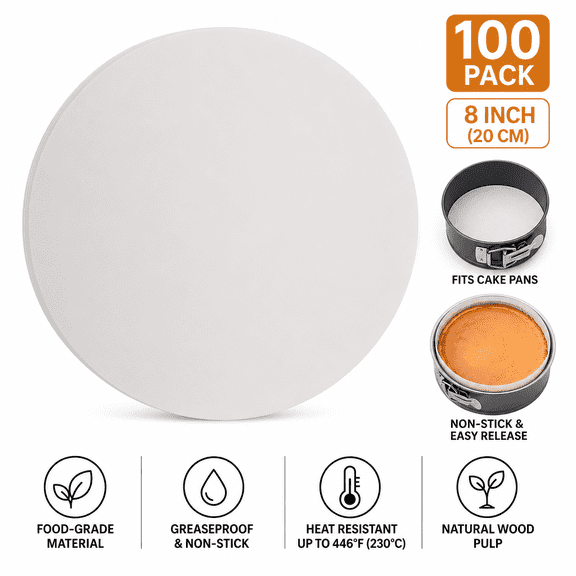 100 Pcs 8 inch Parchment Paper Rounds Non-Stick Pre-Cut Baking Circles for Cake Pan Springform Tortilla Press