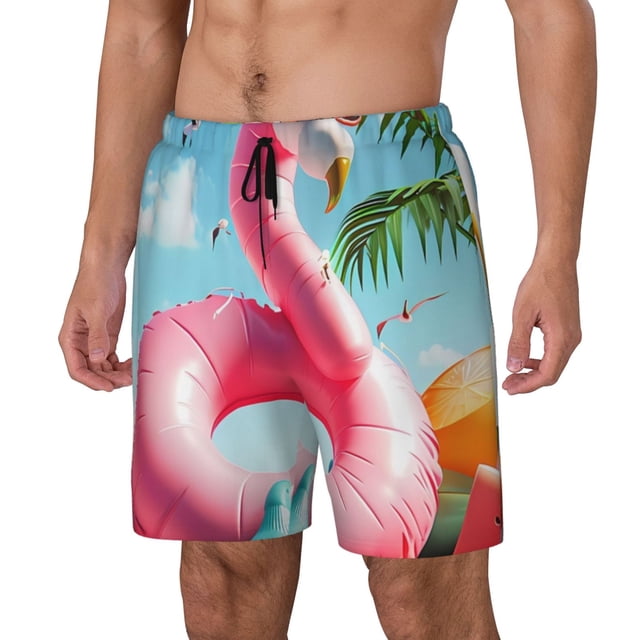 Bingfone Flotteur de Piscine Flamant Tropical pour Hommes Maillot de Bain Double Couche avec Doublure, Style à Cordon avec Poches Short de Plage Maillot de Bain pour Hommes-Petit