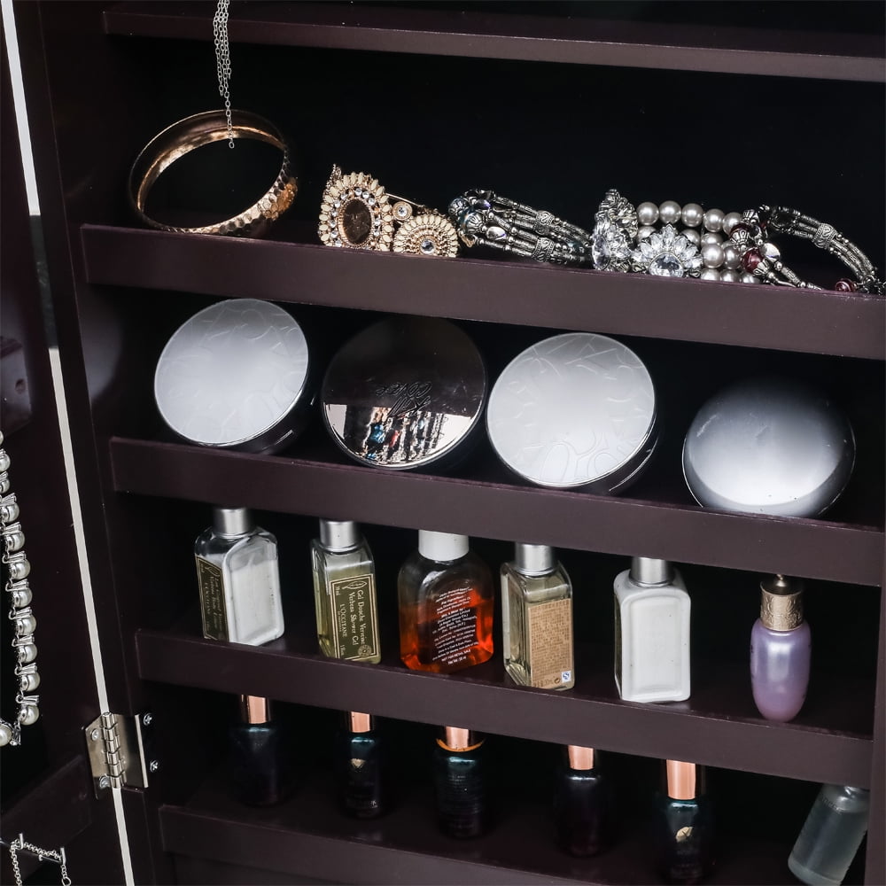 Jewelry Storage Mirror Cabinet, Nonfull Mirror Wooden Wall Mounted 4-layer Shelf, 2 Drawers, 8 Blue Led Lights