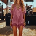 thumbnail image 2 of Lovzfmll Women's Mini Dress, V-Neck Short Sleeve with Fringe, Casual Linen Shift Dress Pink, XL, 2 of 9