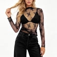 thumbnail image 4 of Alkepwun Cover Up Womens Sexy Mesh Sheer Long Sleeve Mock Neck T Shirt Casual Floral Lace Soft Breathable Summer Party Evening, 4 of 5
