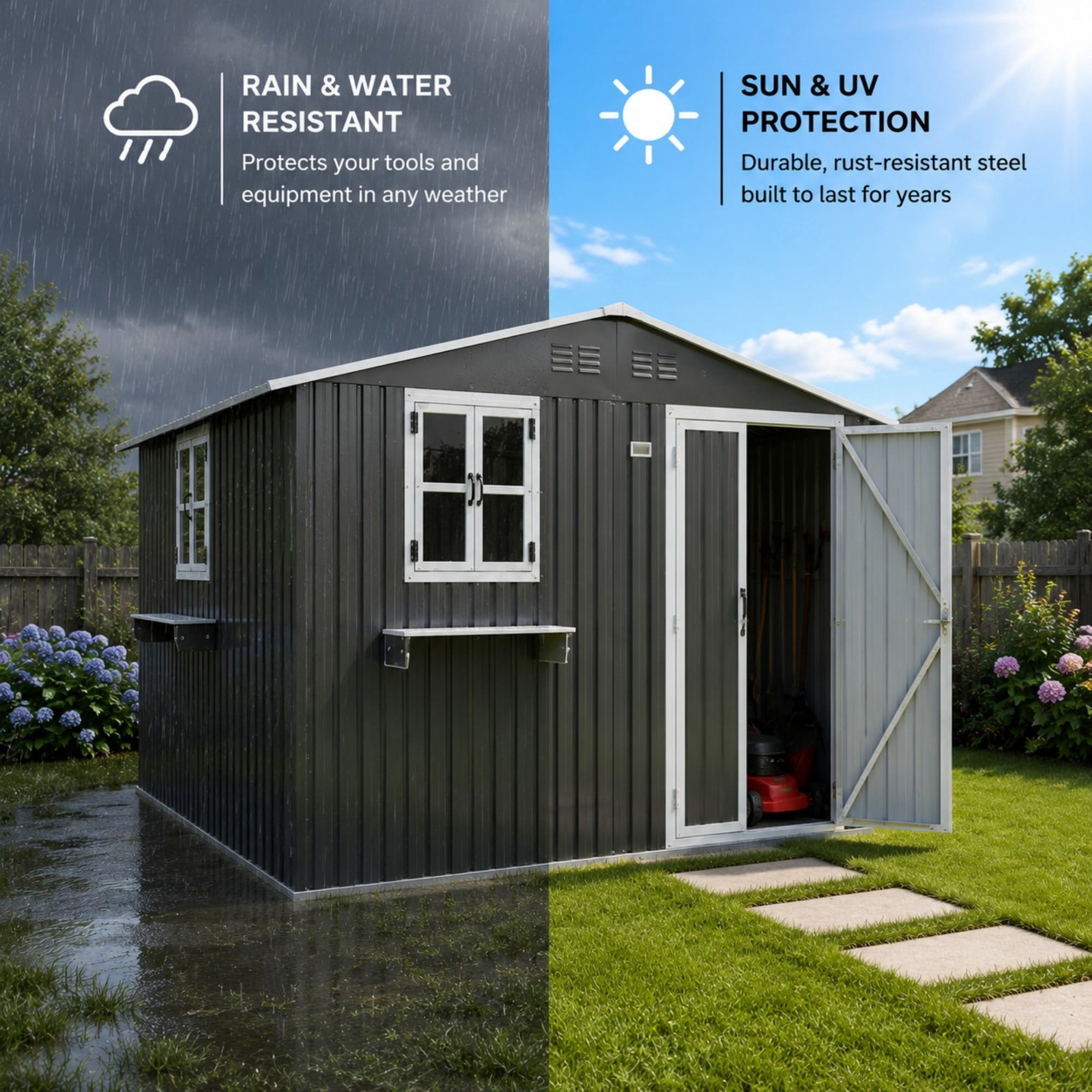 Aukfa 10x8 FT Outdoor Storage Shed with Lockable Doors&Flower Rack, Metal Garden Shed for Bike/Generator/Tool Storage, Coal Gray