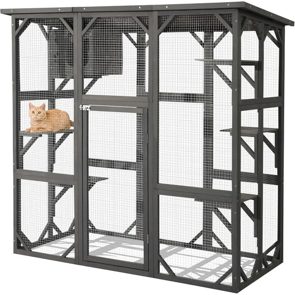 LEISU Large Outdoor Cat House Outdoor Wooden Cat Cage Cat Enclosure with Weatherproof Large Run, Jumping Platforms for Play Catio Cat Patio with Large Entrance Easy to Clean (Dark Grey)