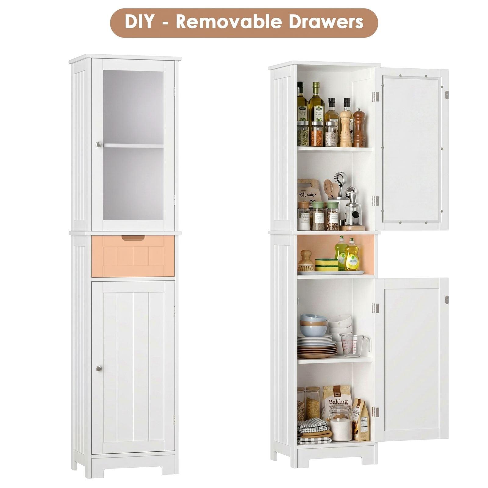 Homfa Narrow Kitchen Pantry Storage Cabinet, 67" Slim White Pantry Cabinet with Drawer and Door, Space-Saving Freestanding Storage Cabinet for Small Place
