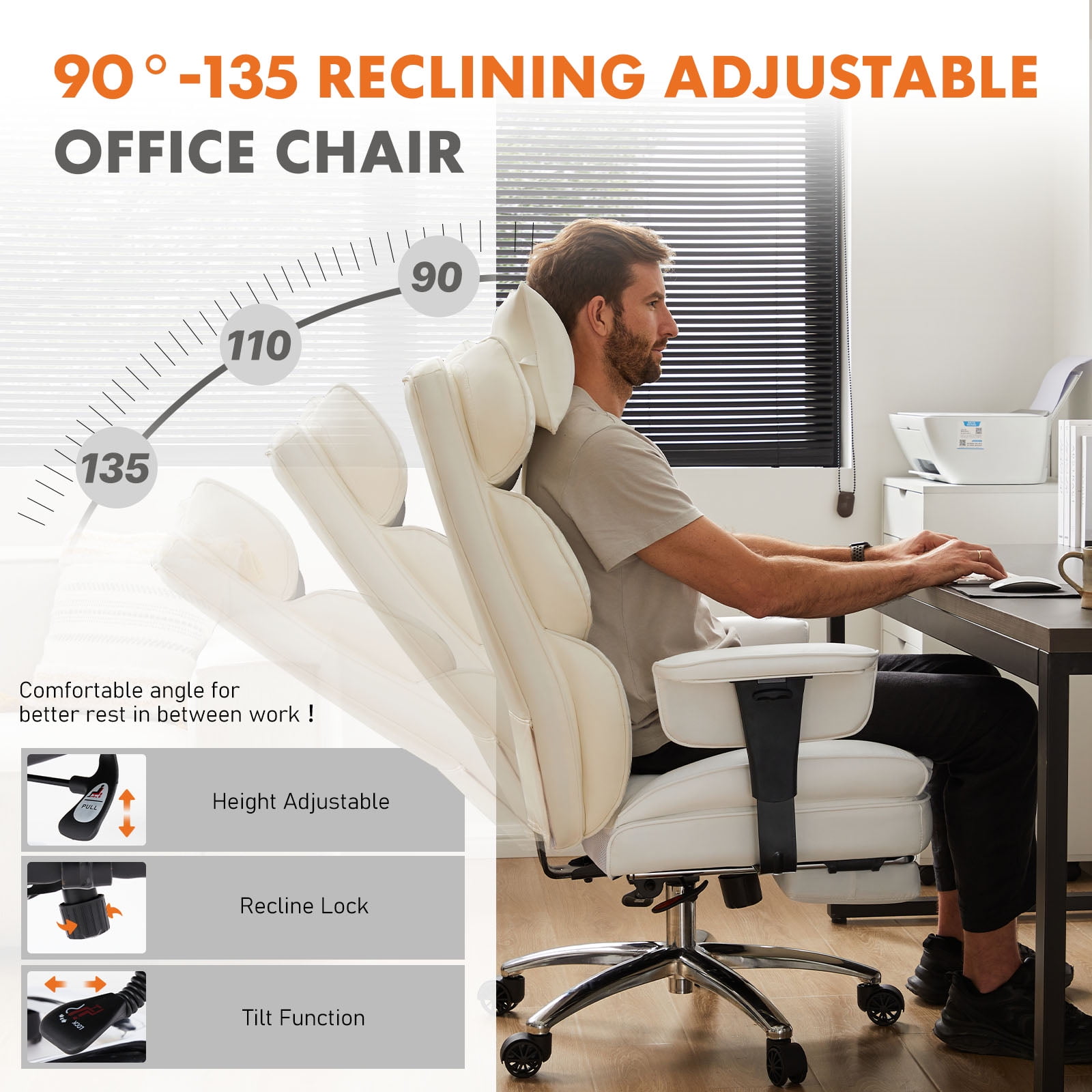 GIANNA Executive Home Office Desk Chair Ergonomic Big Tall High Back with Footrest & Lumbar Support, Reclining Height Adjustable Comfy PU Leather Computer Gaming with Swivel Wheels, White