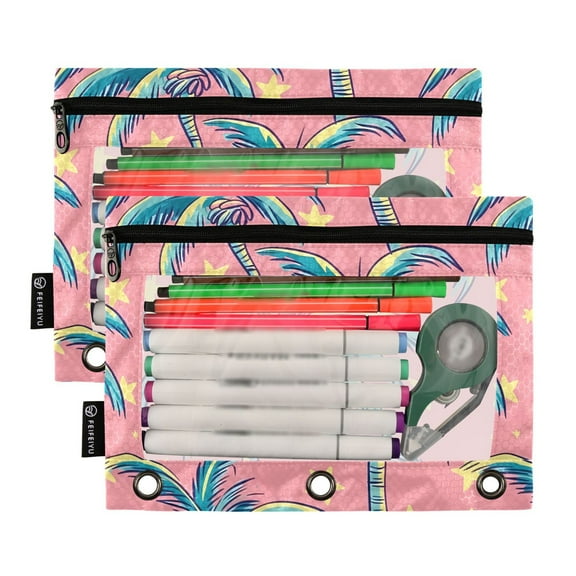 2 Pack Pencil Pouch for 3 Ring Binder Smooth Zipper Folders with Pockets Clear Window Pencil Case Retro Vintage Palm Tree