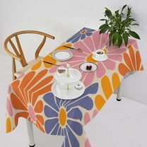 Hippie Floral Tablecloth, 1970s Retro Orange Pink Blue Flower Boho Groovy Daisy Flowers Aesthetic Print Table Cover for Party Picnic Dining Room Kitchen 60x84inch