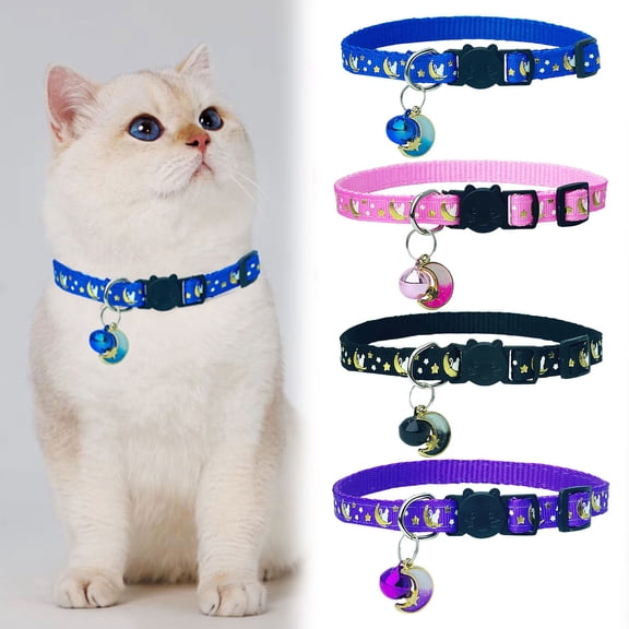 Hyrbek Cute Breakaway Cat Collar with Bell Moons Stars, kitten Collar with Bell, Adjustable Kitten Collars Purple