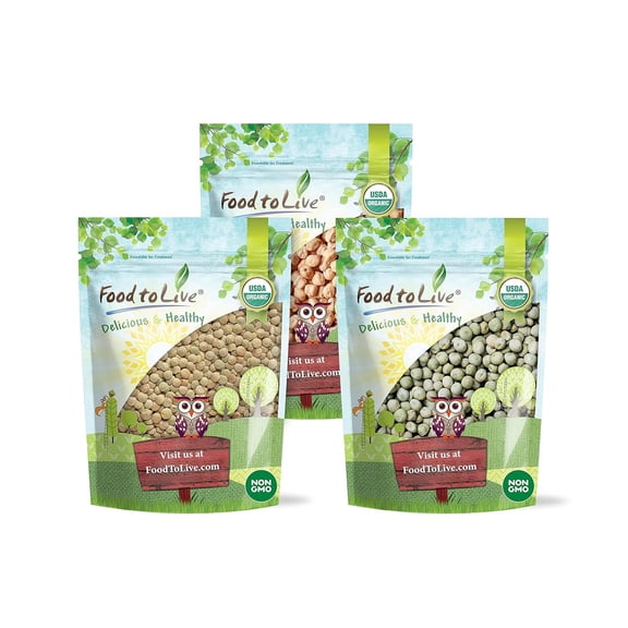 Organic Pulses Bundle, 3 Pack – Organic Whole Green Peas (5 LB), Organic Green Lentils (5 LB), Organic Chickpeas (5 LB), Non-GMO Dried Legumes, Raw, Vegan, Kosher, Bulk. Rich in Fiber and Protein