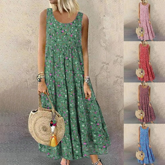 Jinhomg Womens Cute Boho Dresses Flowy Swing Pleated Dress Loose Fit Comfy Sleeveless Maxi Tank Dresses Casual Vacation Beach Dress Green XXL