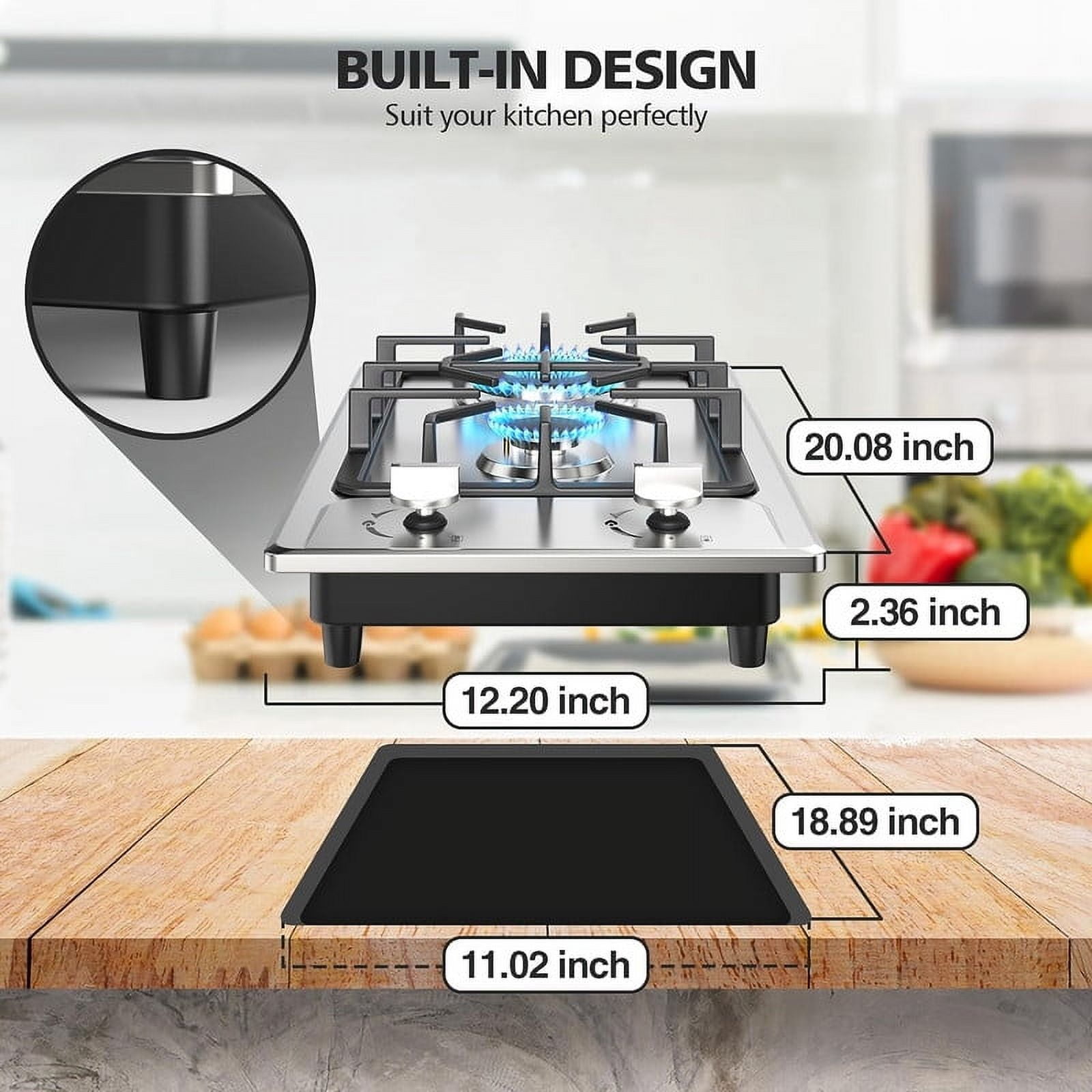 VBGK 2 Burner Gas Cooktop, 12-inch Stainless Steel Dual Fuel Propane Stove with Thermocouple Protection for Home, Apartment, and Outdoor Cooking