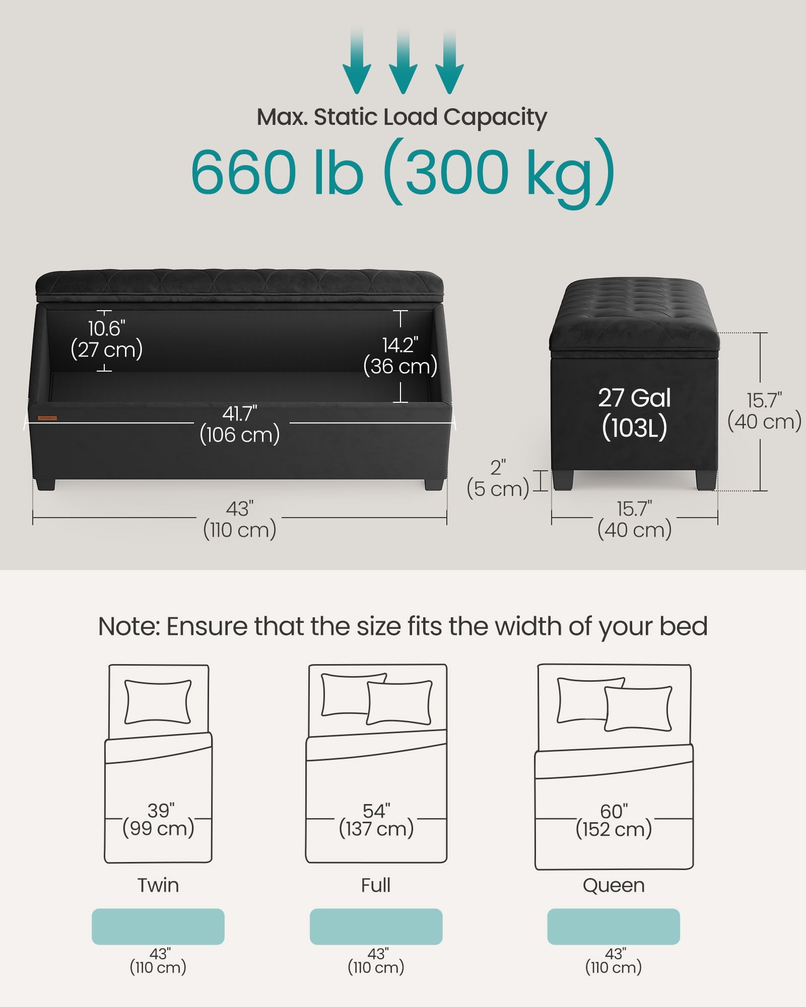 SONGMICS 43" Storage Ottoman Bench Foot Rest with Legs End of Bed Bench Storage Chest Load up to 660 lb for Living Room Bedroom Ink Black