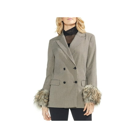 Vince Camuto Womens Houndstooth Faux Fur Trim Double-Breasted Blazer