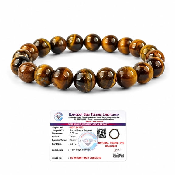 Natural Tigerβs Eye Beads Bracelet 8mm | Certified Gemstone Protection & Grounding Crystal Bracelet | Confidence, Focus & Positive Energy Healing Jewelry | Unisex Elastic Wrist Bracelet