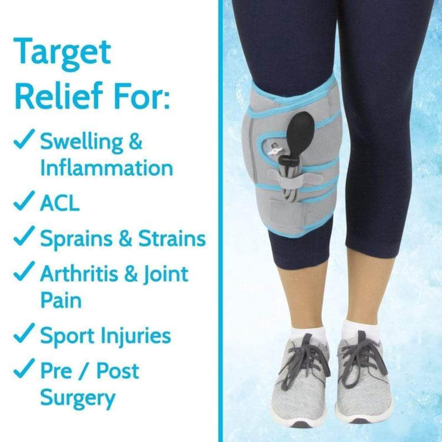 Vive Compression Knee Ice Wrap - Reusable Brace with Air Pump - Hot/Cold Therapy for Men, Women, Pain Relief, Swelling and Recovery Support - Adjustable and Inflatable Pack for Sports Injury Sprains