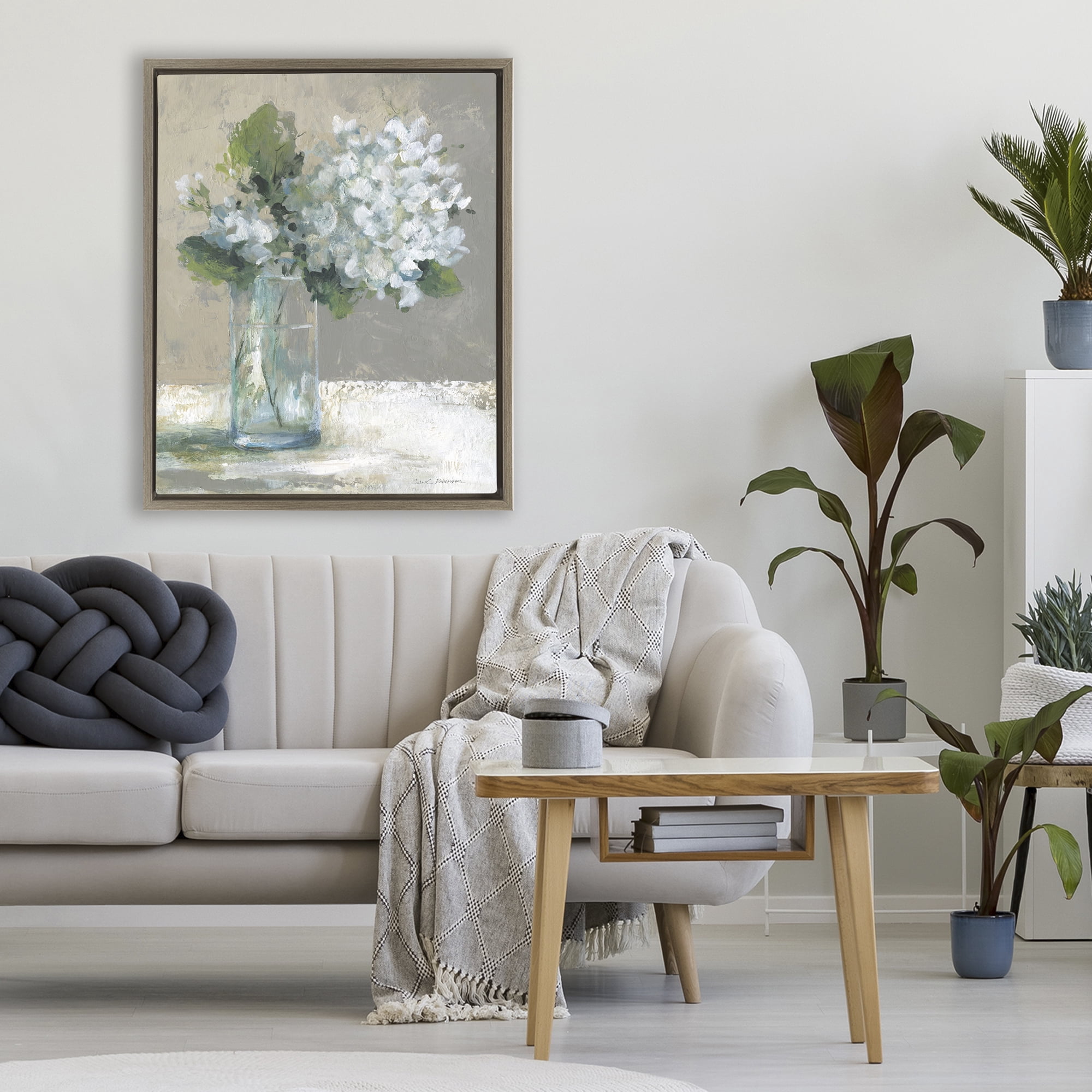 Stupell Industries Serene White Hydrangeas in Glass Brown Framed Floater Canvas Wall Art, design by Carol Robinson