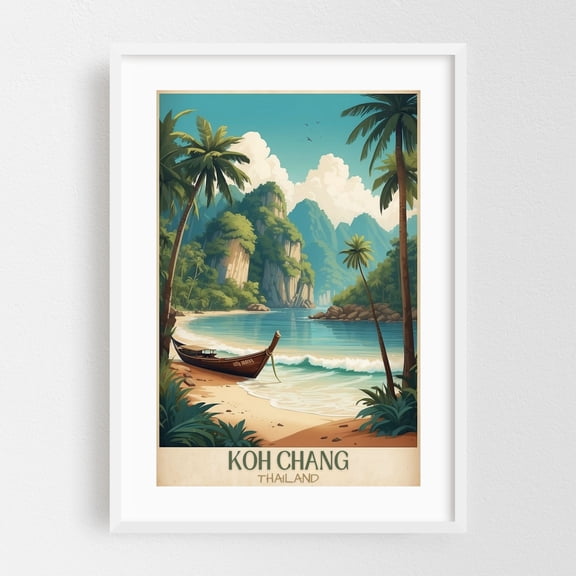 Into the Wild: Vintage Travel Poster of Koh Chang Jungle - Trat Thailand Illustration White Framed Wall Art Print 12 x 18 inches