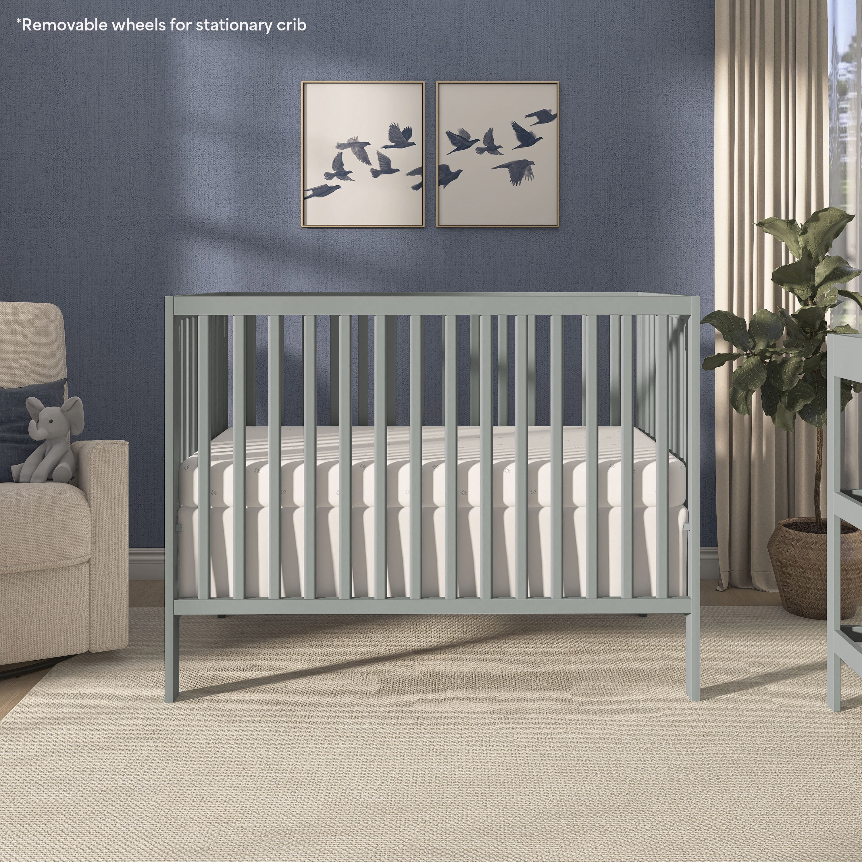 Dream On Me Quinn Full-Size Folding Crib, Removable Wheels, Modern Nursey, Adjustable Mattress Support, Patent Folding System in Cool Gray