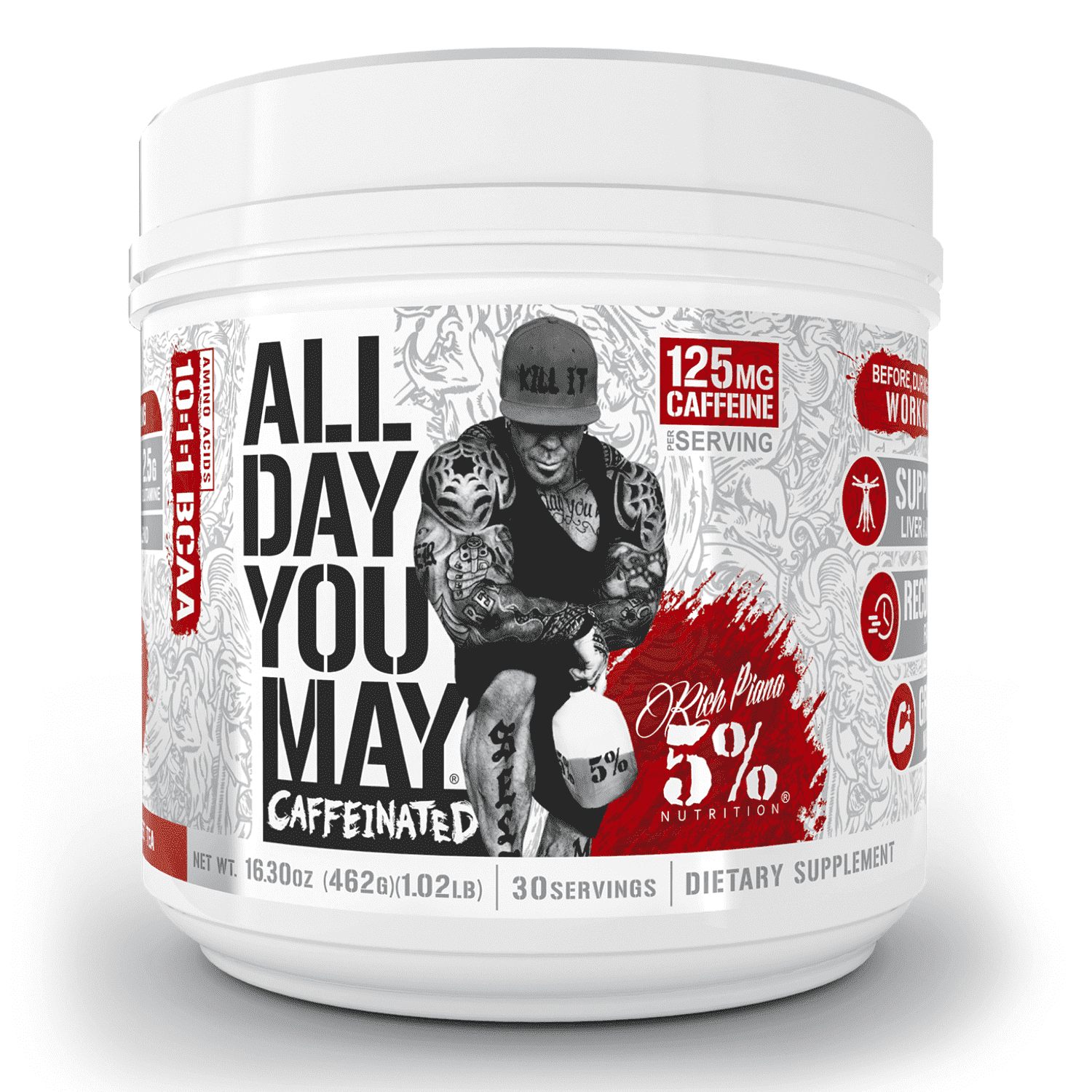 5% Nutrition Rich Piana AllDayYouMay Caffeinated BCAA Energy Powder | Premium Pre Workout Amino Energy & Electrolytes | Hydration, Endurance & Recovery | 16.3 oz, 30 Servings (Southern Sweet Tea)