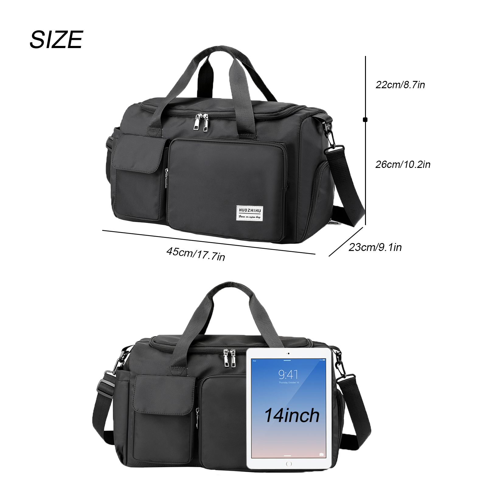 Get ready to hit the gym in style with the Forestfish Gym Bag, the perfect companion for your fitness journey. Made of high-quality polyester fabric, this gym bag is not only durable but also waterproof and tear-resistant. With a sleek black design and plenty of storage options including a shoe compartment and wet pocket, you can easily organize all your gym essentials. The adjustable shoulder strap and padded handle provide comfort while carrying, making it ideal for trips to the gym or quick getaways. Plus, the integrated trolley sleeve ensures easy transport on your travels.